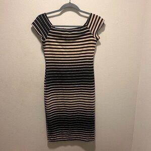 Brat Star Black Tan Striped Stretchy Midi Dress Size Medium